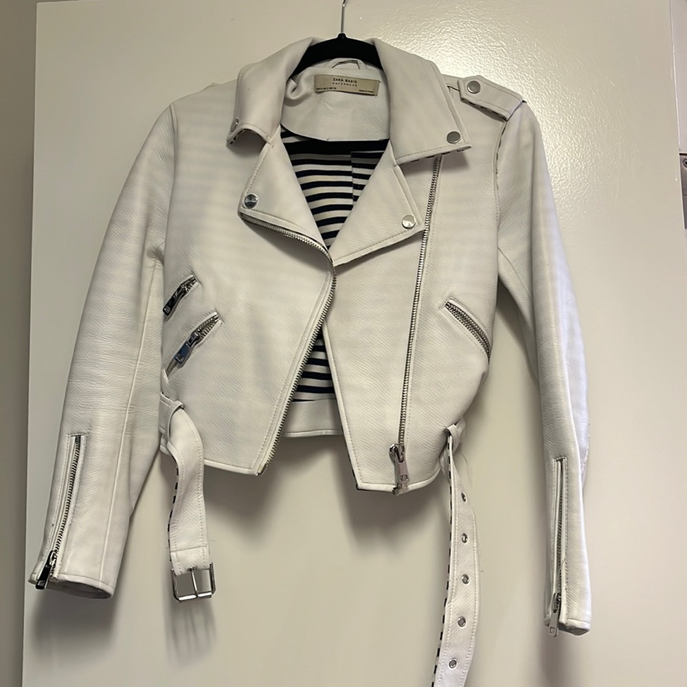 Zara white leather jacket.